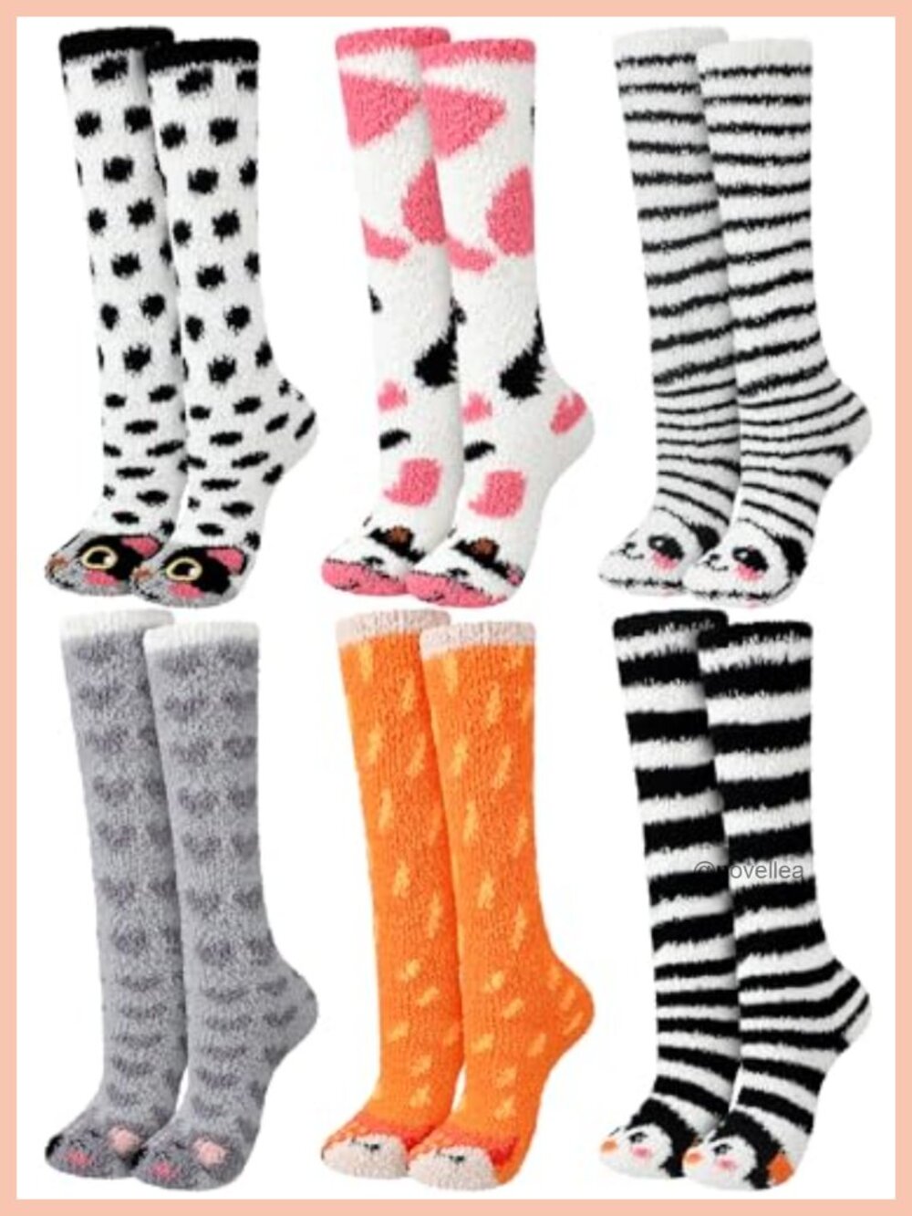 Fuzzy Knee High Socks Coral Fleece Animal 6 Pairs Women Warm